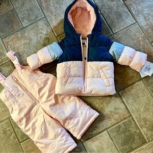 NWT CARTERS Light Pink and Blue Puffer and Bibs 12M